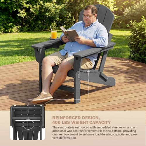 Mdeam Oversized 3-Level Adjustable Adirondack Chairs Set of 2, 400LBS Capacity HDPE Heavy Duty Tanning Chair with Cup Holder, All-Weather Folding Fire Pit Outdoor Chair for Patio Garden Lawn - Grey