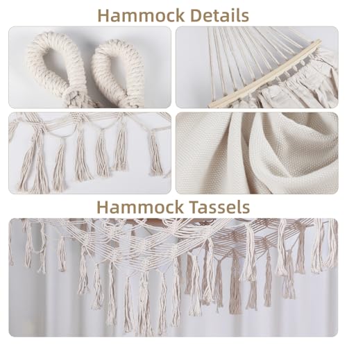 Bellzacasa Double Hammock, Heavy Duty 500 lb Load Capacity Tassels and Fishtail Knitting Portable Camping Hammocks with Mounting Straps for Outdoor Camping Patio Balcony Beige