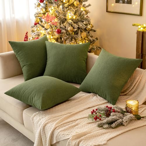 MIULEE Pack of 2 Decorative Outdoor Solid Waterproof Throw Pillow Covers Faux Linen Garden Farmhouse Cushion Cases for Patio Tent Balcony Couch Sofa 18x18 Inch Dark Green