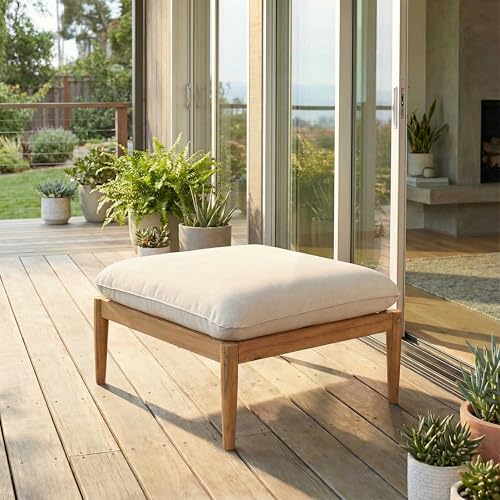 Christopher Knight Home Terassi Indoor/Outdoor Ottoman with Cushion, Acacia Wood Patio Ottoman, Outdoor Foot Stool for Patio Furniture Set, Versatile Stools for Balcony/Garden/Porch, Beige+Light Teak