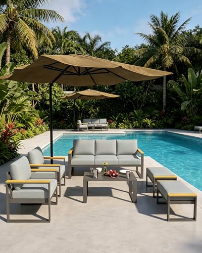 IDEALHOUSE Aluminum Patio Furniture Set, 7 Seats Outdoor Patio Conversation Sets with Coffee Table, 6 Pieces Metal Conversation Sectional Furniture Sofa for Balcony, Garden, Deck, Backyard,Gray