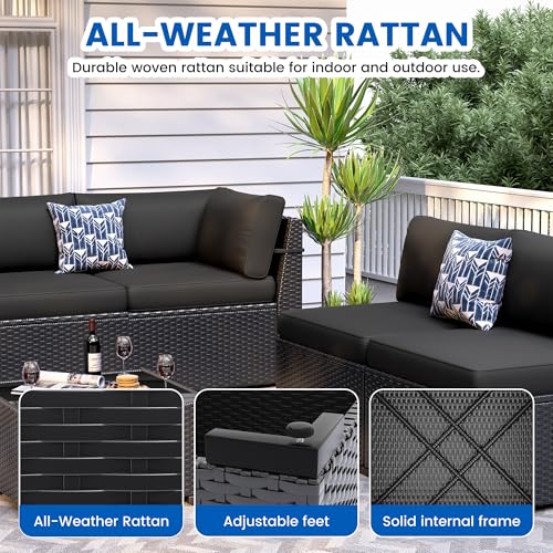 VONZOY 8 Piece Patio Furniture Set with 44” Fire Pit Table All-Weather Wicker Conversation Sectional Sofa & Coffee Table with Thickened Cushions for Backyard, Garden(Black)