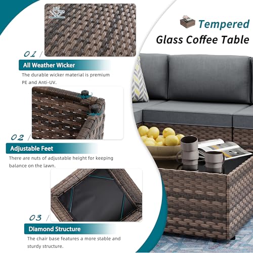 SUNLEI 5 Piece Patio Furniture Sets, Low Back All-Weather Rattan Sectional Sofa with Tea Table&Washable Couch Cushions, Patio Furniture Sets, Brown Rattan