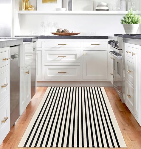 IOHOUZE Black Beige Striped Rug -4'x6' Front Door Rugs Outdoor, Washable Area Rug for Double Front Porch, Large Patio Rug Outdoor Indoor, Doormat for Entryway Porch Entrance