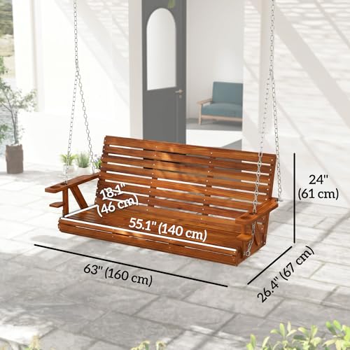 Outsunny Upgraded Wooden Porch Swing 3-Seater, 5 FT Outdoor Patio Swing Bench with Cupholders, Hanging Chains, Swing Chair Bench for Patio Garden Yard, Carbonized