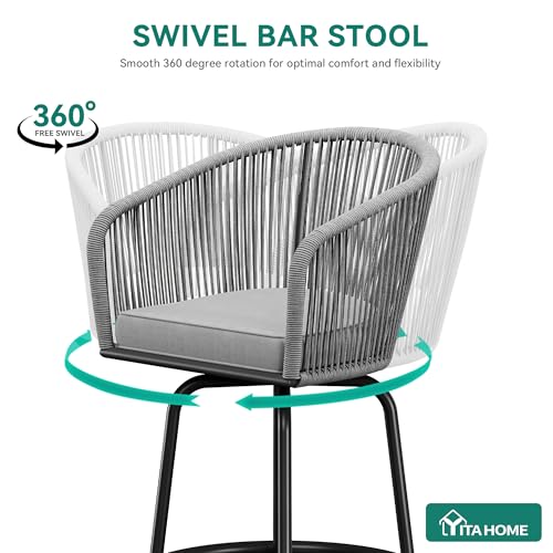 YITAHOME 27" Bar Stools Set of 2 with Arms & Cushions, 360° Swivel Outdoor Bar Stools, All Weather Counter Height Bar Stools Set of 2 with Curved Back for Backyard, Kitchen Island, Dining Room, Gray