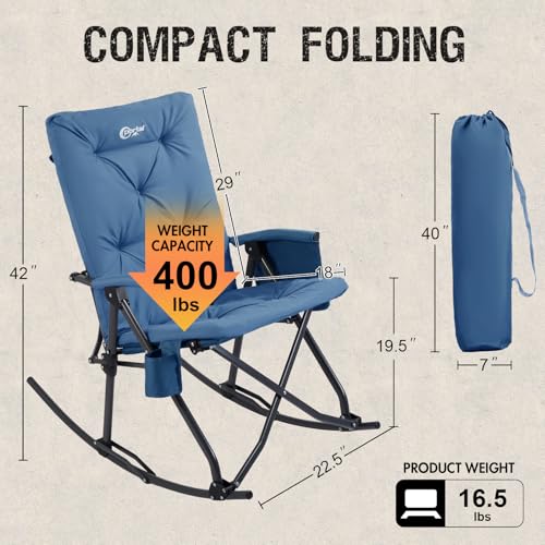 Portal Folding Rocking Camping Chair Outdoor, Thick Padded Rocking Recliner Chair Portable Camping Rocker for Patio Front Porch Backyard Lawn Living Room, Supports 400 LBS, Blue