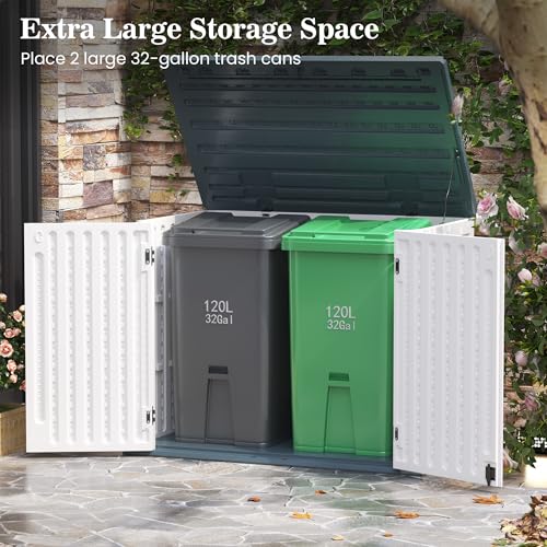 UDPATl0 35 Cu.Ft Horizontal Outdoor Storage Shed, Resin Outdoor Cabinet Waterproof & Lockable for Generator, Garbage Can Garden Tools, White, White & Grey Trim