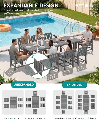 SERWALL 10-Piece Patio Dining Sets with 15FT Patio Umbrella, 60" - 83" Expandable Outdoor Dining Table and 8 HDPE Chairs, All Weather HDPE Outdoor Furniture Set, Grey (Umbreall Base not Included)
