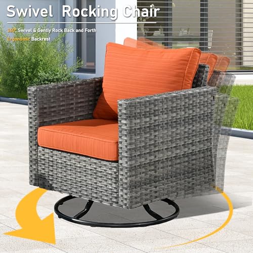 HOOOWOOO Wicker Patio Conversation Sets,6 Piece Outdoor Furniture Set with Swivel Rocking Chairs,All Weather Resistant Modern Outside Out Door Rattan Couch Chairs Side Table Set,Orange Red