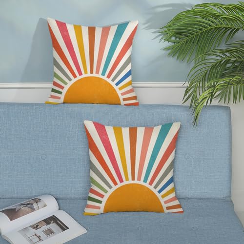 JEFERSO Summer Pillow Covers 18x18 Set of 2 Colorful Stripes Yellow Sunshine Decorations Outdoor Throw Pillows Boho Rainbow Sun Pillowcase Linen Decor Modern Farmhouse Cushion Case for Home Bedroom