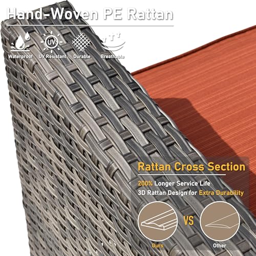 HOOOWOOO Wicker Patio Conversation Sets,6 Piece Outdoor Furniture Set with Swivel Rocking Chairs,All Weather Resistant Modern Outside Out Door Rattan Couch Chairs Side Table Set,Orange Red