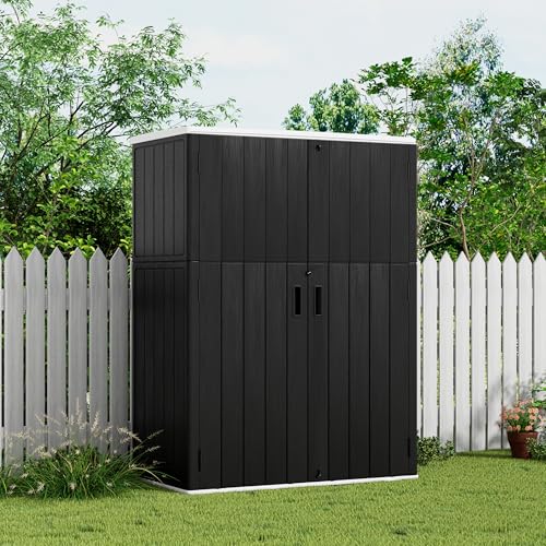 KINYING Outdoor Storage Shed,57 Cu.ft Vertical Outdoor Storage Cabinet Waterproof, Outdoor Resin Tool Shed for Patio Furniture, Garden Tools, Pool Accessories, Lawn Mower(Black Color)