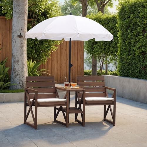 Hanover 33.5" x 27.5" Wood Outdoor Conversation Set with Two Seats, Table, and Umbrella