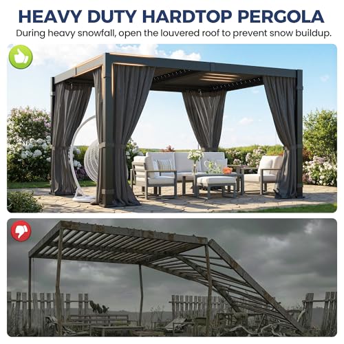 10' x 12' Louvered Pergola, Outdoor Pergola with Metal Adjustable Louvered Roof & Gutter System, Hardtop Patio Gazebo for Backyard, Patio, Garden, Dark Gray