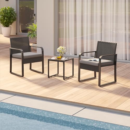 Gizoon 3 Piece Patio Bistro Set, Outdoor Black Wicker Furniture Sets, Modern Rattan Chair Conversation Sets with Coffee Table, for Yard, Garden, Balcony, Poolside, Cushion-Grey