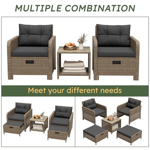 GULAIMOAO Balcony Furniture 5 Pieces Patio Set, Hand-Woven Rattan Patio Conversation Set with Soft Cushions & Coffee Table, Outdoor Chairs with Hidden Ottoman for Porch, Lawn, Garden, Balcony, Black