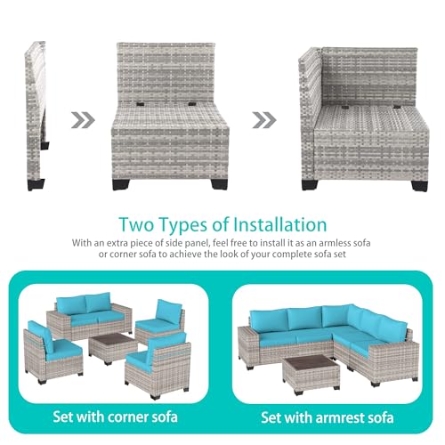 Muphyers 15-Piece Outdoor Patio Furniture Set with Rocking Swivel Chair Wicker Sectional Sofa Set, Patio Conversation Set with Thickened Cushions & Coffee Table for Garden, Backyard, Turquoise