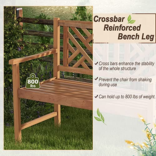 Giantex Outdoor Wooden Garden Bench - 2-Person Acacia Wood Loveseat with Armrests, Backrest, 800lbs Capacity, Patio Park Bench for Backyard, Front Porch Bench (Non-Foldable)