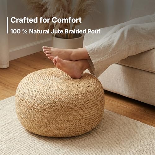 · REDEARTH · Jute Circular Low Pouf Ottoman - Braided Pouffe Accent Sitting Round Footrest for Living Room, Bedroom, Nursery, kidsroom, Patio, Gym; 100% Jute (18"X18"X10"; Natural)