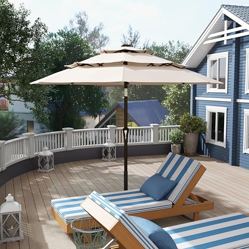 Patio Kingdom 10FT Patio Umbrella 3 Tiers Outdoor Market Umbrella w/Push Button Tilt, Crank, UV and Waterproof Table Umbrella for Garden, Pool, Backyard, Deck, Lawn, Beige