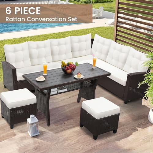 KROFEM 6-Piece Patio Furniture Set, Outdoor Sectional Sofa with Dining Table & Chairs, All-Weather Dining Set with Removable Cushion Covers, Ideal for Garden, Porch, Backyard, White