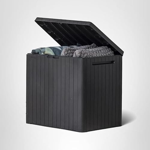 Keter City 30 Gallon Resin Outdoor Storage Box and Patio Furniture Side Table for Pool and Garden Accessories, Dark Grey