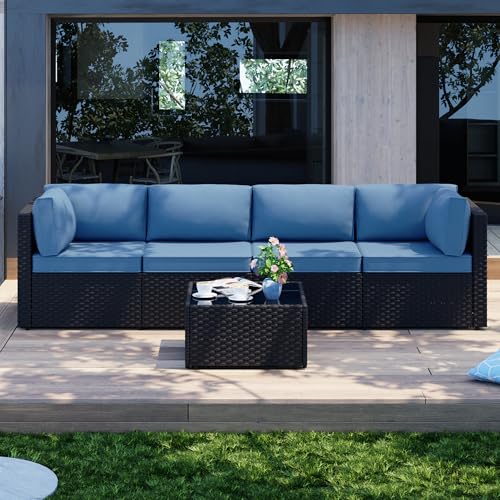 Patio Furniture Sets, 5 Piece Outdoor Sectional Sofas, Wicker Rattan Outdoor Furniture Patio Conversation Set, All-Weather PE Rattan Outdoor Couch for Backyard, Garden, Black & Aegean Blue