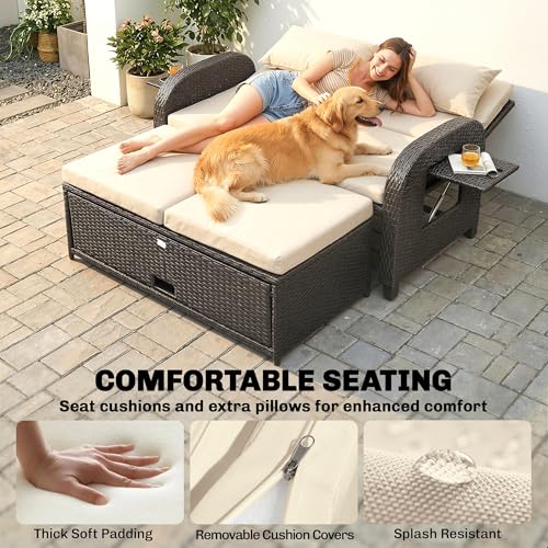 Outsunny Patio Rattan Daybed, Wicker Outdoor Daybed with Storage Ottoman, Loveseat Sofa with Adjustable Backrest, Side Tables, Cushions, Headrests, Double Sunbed Lounger for Balcony, Beige
