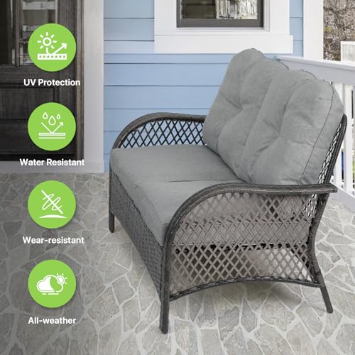 Magshion Outdoor Patio Loveseat Set, 2 Seat Sofa Furniture Set with Soft Cushions and SideTable, All-Weather Rattan Conversation Couch for Backyard, Balcony, and Deck, Grey