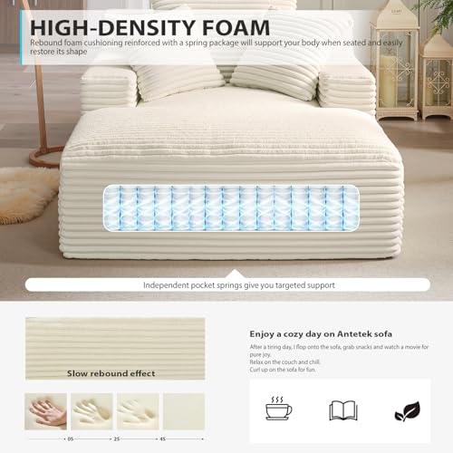 67 Inch Chaise Lounge Chair Indoor, Oversized Corduroy Upholstered Boneless Sofa Bed, Deep Seat Sleeper Couch Reading Chairs, Cloud Sofas Couches for Living Room, No Assembly Required (Beige)