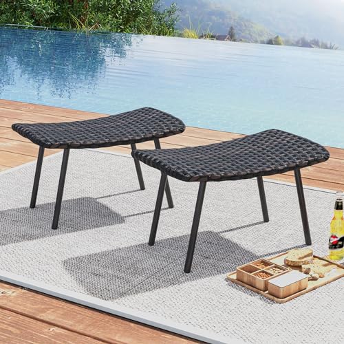 Tangkula Set of 2 Patio Ottomans, Multipurpose Rattan Ottomans w/Padded Quick Dry Foam & Heavy-Duty Metal Legs, Outdoor Wicker Footrest Extra Seating for Poolside, Backyard All Weather Resistant