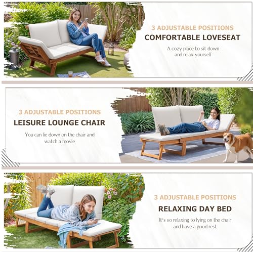 Devoko Outdoor Couch Acacia Wood Patio Couch with Adjustable Armrests, Outdoor Convertible Sofa with Removable Cushions & Pillows for Patio, Porch, Poolside(White)