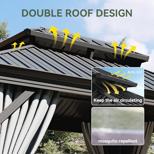 Aoxun 12' x 16' Permanent Hardtop Gazebo with Galvanized Steel Double Roof and Aluminum Frames Outdoor Large Pavilion Gazebo for Patio Deck Garden, Nettings and Curtains Included, Gray