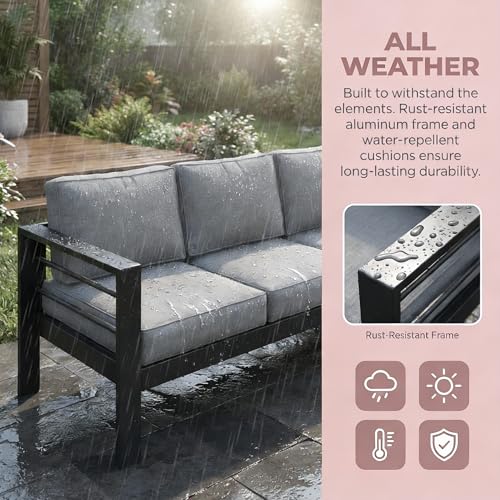 Kiss the Water Outdoor Couch Aluminum Patio Furniture Sofa, 3 Seat All-Weather Metal Patio Couch with 5" Thick and Soft Cushion and Wide Arm, Outdoor Sofa for Balcony, Porch