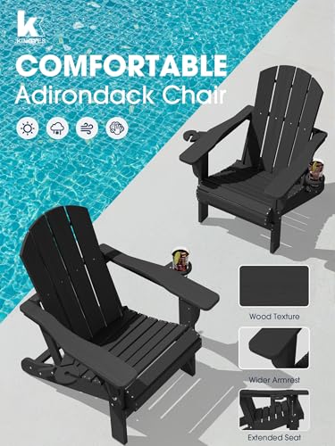 KINGYES Folding Adirondack Chair Set of 4, Dual Cup Holders & All-Weather HDPE, Wood-Like Patio Chair for Backyard, Camping, Pool & Fire Pit, Black