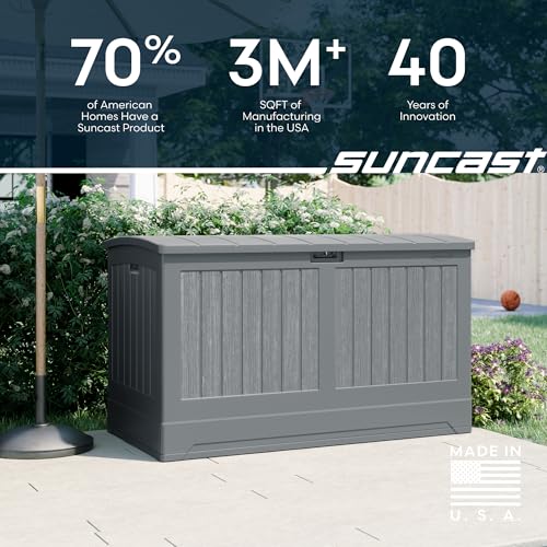 Suncast 200-gal. All-Weather Patio Deck Box, Made in the USA, with Pad-Lockable Lid, Extra-Large Outdoor Storage Unit for Patio Furniture and Grill Tools, Dove Gray Color