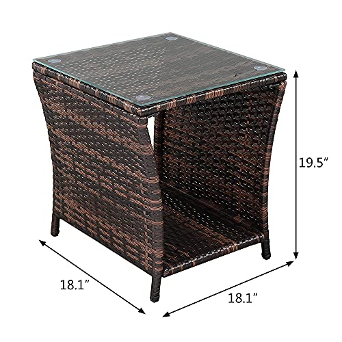 VINGLI Outdoor Wicker Side Table Patio Side Tables for Outside, Tempered Glass Top Wicker Table with Storage End Table for Balcony Porch Deck (Brown)