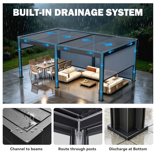 MELLCOM Motorized Louvered Pergola 12x20, Solar & Electric Powered with LED Lights and 6 Side Screens, Aluminum Adjustable Louvered Roof, Weatherproof Outdoor Shelter
