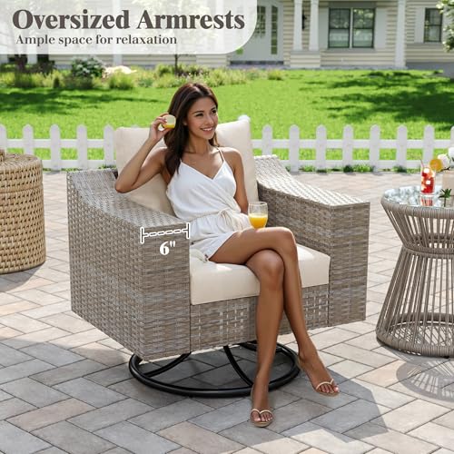 LUXOAK 9-Piece Wicker Patio Furniture Set with Swivel Rocking Chairs, Curved Sectional Sofa with Storage Table, All-Weather Outdoor Conversation Set with 6" Armrests, for Backyard/Garden/Deck