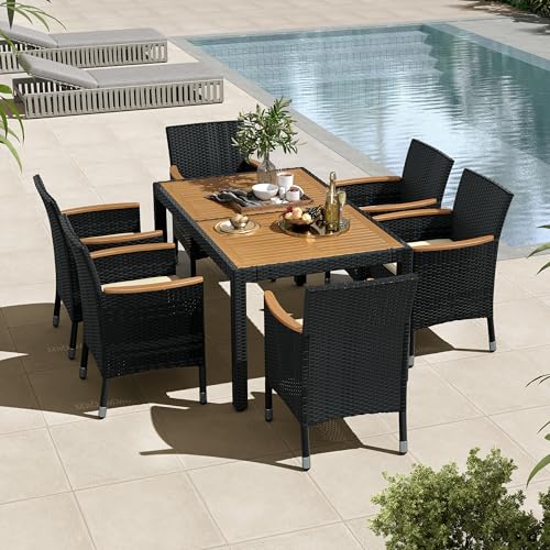 Yaheetech 7 Piece Patio Furniture Set, Outdoor Dining Acacia Wood Table Top Rattan Conversation Set with Soft Cushions, 6 Chairs & 1 Table for Backyard, Deck, Garden & Yard, Black/Beige