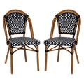 Flash Furniture Bordeaux Set of 2 Indoor/Outdoor Commercial Bistro Stack Chairs - Black/White PE Rattan Back and Seat - Natural Bamboo Print Aluminum Frame