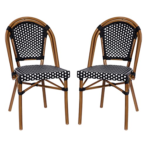 Flash Furniture Bordeaux Set of 2 Indoor/Outdoor Commercial Bistro Stack Chairs - Black/White PE Rattan Back and Seat - Natural Bamboo Print Aluminum Frame