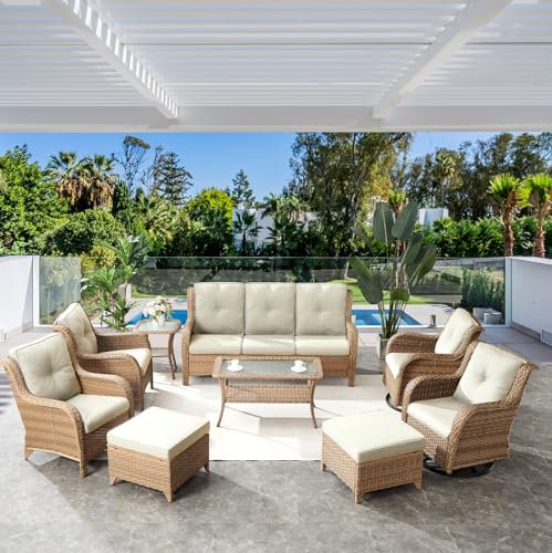 Artfurniz Wicker 3-Seat Outdoor Sofa - All Weather Rattan Sofa Patio Furniture with Deep Seating, Comfortable High Back Outdoor Couch for Balcony, Porch, Deck and Backyard - Yellow/Beige