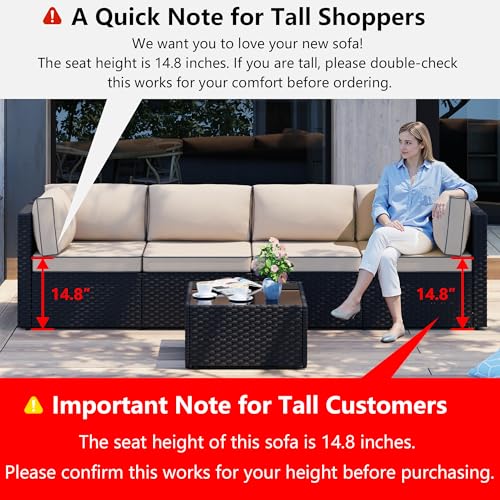 Shintenchi 5 Pieces Outdoor Patio Sectional Sofa Couch, Black PE Wicker Furniture Sets, Patio Conversation Sets with Washable Cushions Glass Coffee Table for Garden, Poolside, Backyard,(Khaki)