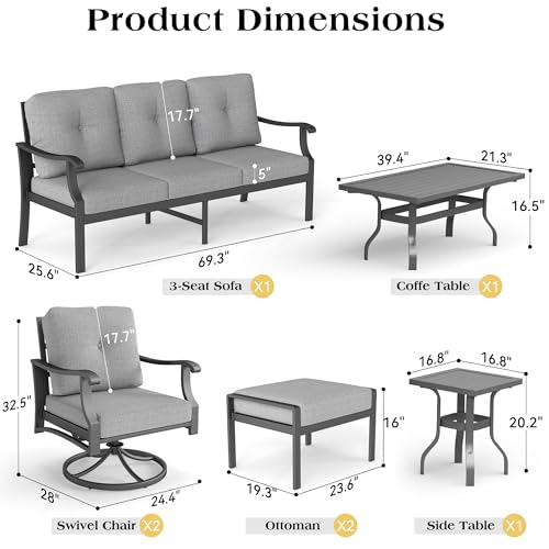Mvpipi 7 Piece Aluminum Patio Conversation Set, Outdoor Metal Furniture Set w/Rocking Swivel Chairs, 3-Seat Sofa, Ottomans and Coffee Side Table, 5" Thickened Cushions for Backyard, Poolside, Gray