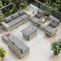 Muphyers 10-Piece Outdoor Patio Furniture Set with Rocking Swivel Chair, PE Wicker Rattan Sectional Sofa Patio Conversation Set with 55,000 BTU Fire Pit Table & Coffee Table, Grey