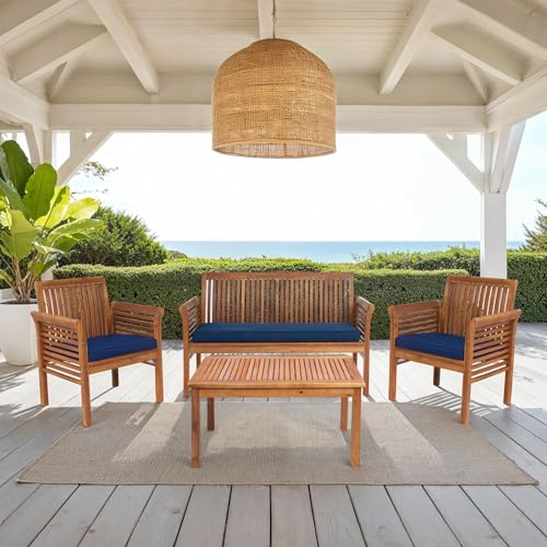 SAFAVIEH Outdoor Collection Carson Natural/ Navy Cushions 4-Piece Conversation Patio Set