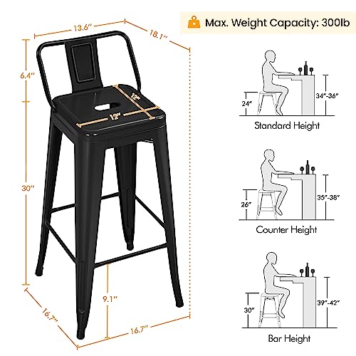 Yaheetech Bar Stools Set of 4, Metal Counter Height Chairs, 30 Inch Industrial Kitchen Stools with Backrest and Footrest for Indoor/Outdoor, Matte Black