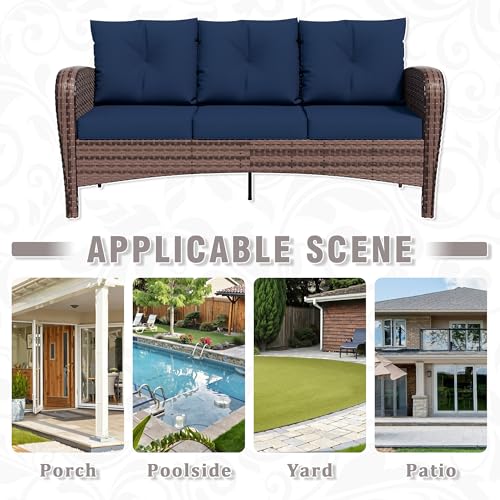 Qsoer Patio 3-Seater Sofa, PE Wicker Outdoor Lounge with Thick Removable Cushions, Rust-Proof Steel Frame, 900LBS Capacity, Blue